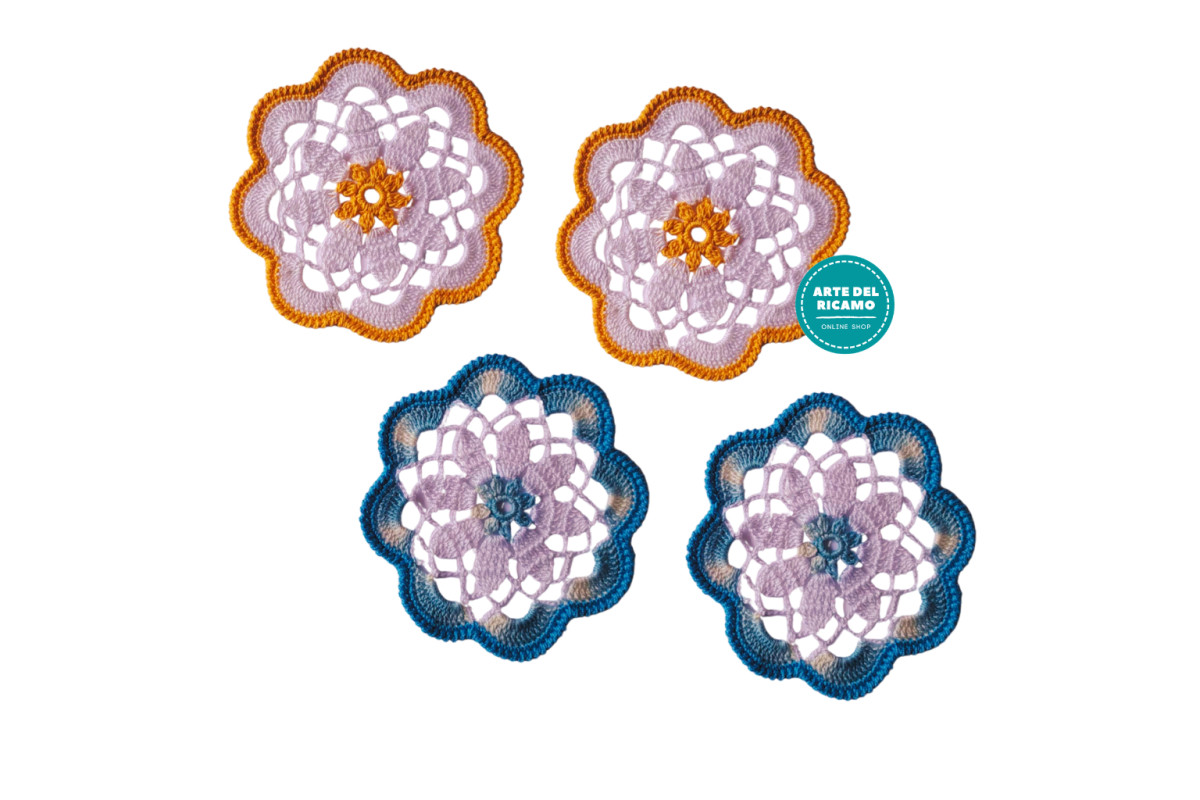White Flower Crochet Coasters with Colored Border White Flower Crochet Coasters with Colored Border