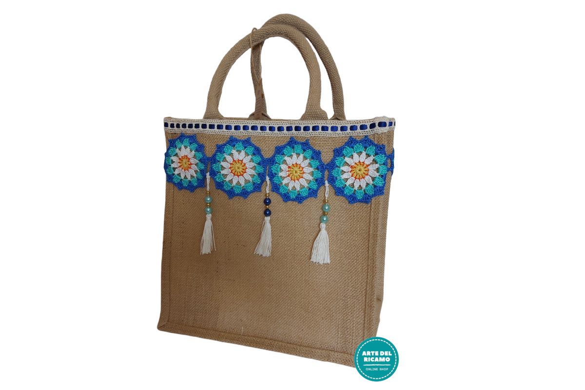 Borsa in Juta e Inserti Uncinetto - Turchese Borsa in Juta e Inserti Uncinetto - Turchese