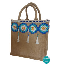 Borsa in Juta e Inserti Uncinetto - Turchese Borsa in Juta e Inserti Uncinetto - Turchese