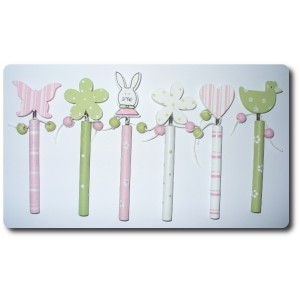 Wooden Pencils with Decorations Pink and Green