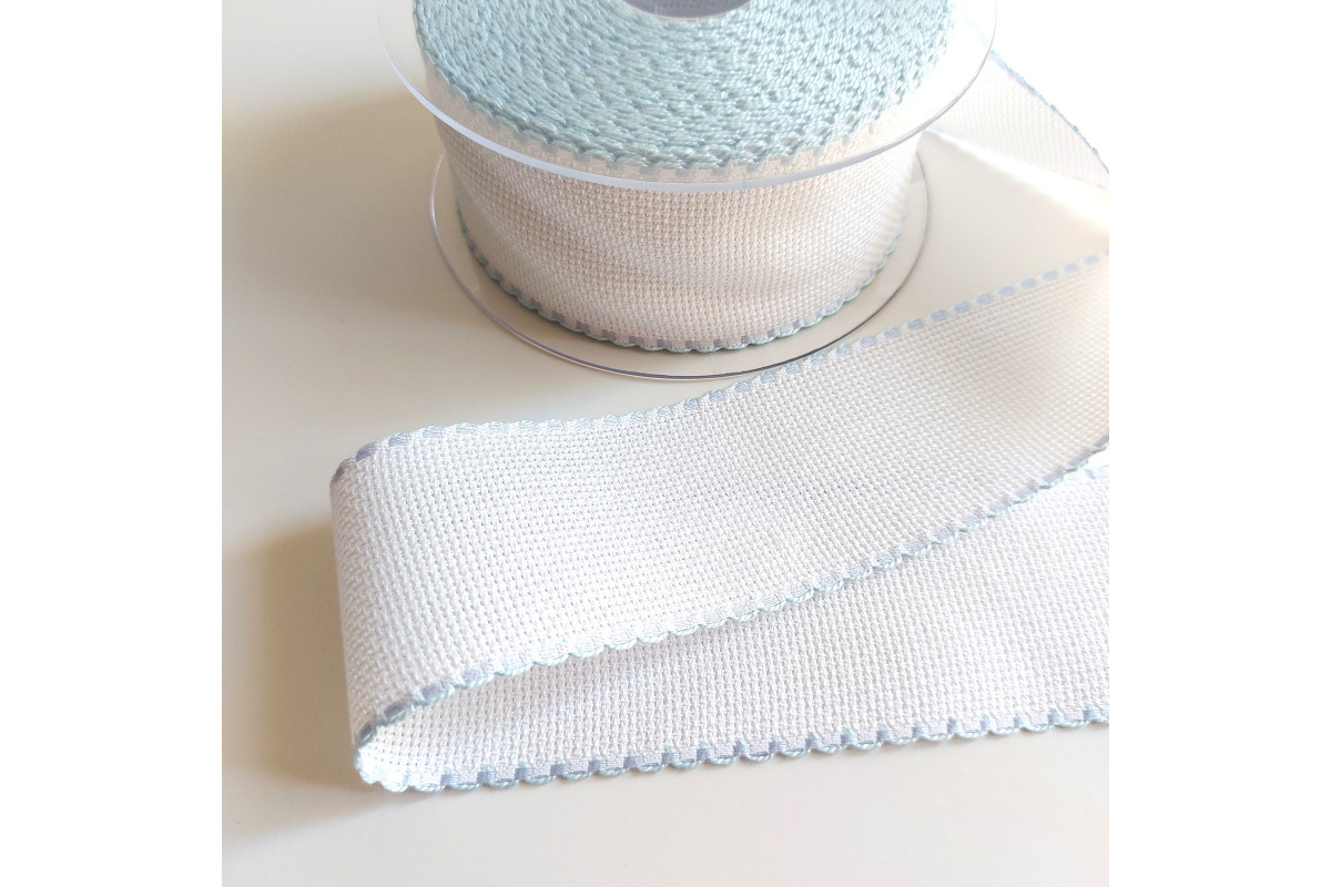 White Aida Band 55 count - Light Blue Edge - Width 5 cm