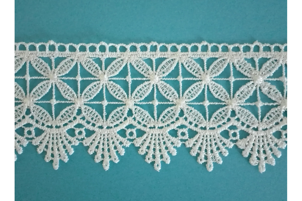 Encaje Bordado con Flores Geometricos Crema - Ancho 6 cm