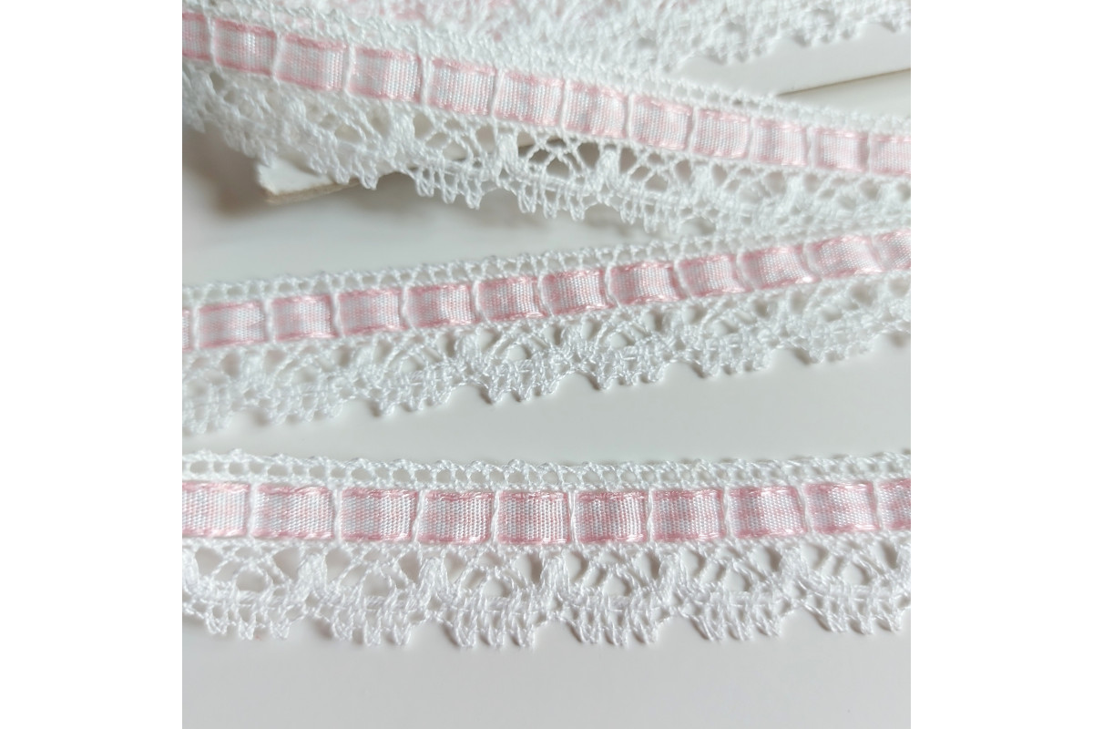 Puntilla de Bolillos Blanco con Pasacinta de Color Rosa Puntilla de Bolillos Blanco con Pasacinta de Color Rosa