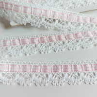 Merletto a Tombolo Bianco con Passamaneria a Quadri Rosa Merletto a Tombolo Bianco con Passamaneria a Quadri Rosa