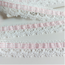 Merletto a Tombolo Bianco con Passamaneria a Quadri Rosa Merletto a Tombolo Bianco con Passamaneria a Quadri Rosa