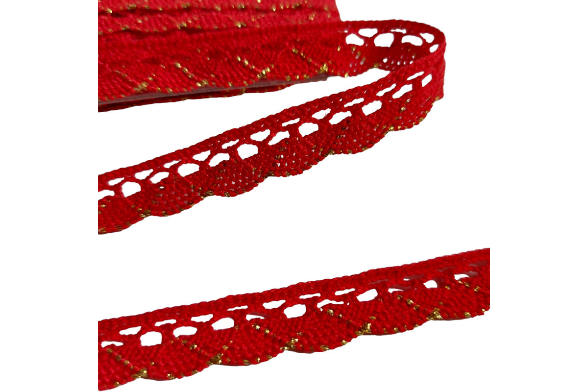 Art. 1498 - Bobbin Lace Border - Lamè Red Color - Width 1,5 cm Art. 1498 - Bobbin Lace Border - Lamè Red Color - Width 1,5 cm