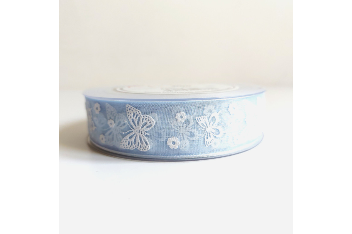 Cinta de Organza con Mariposas - Azul Claro Cinta de Organza con Mariposas - Azul Claro