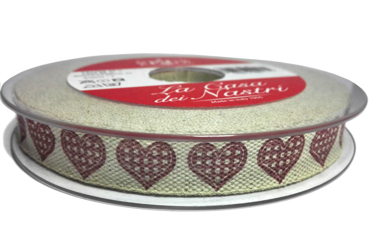 Cream Christmas Ribbon with Bordeaux Hearts