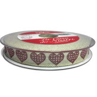 Nastro in Cotone Ecru' con Cuori Bordeaux