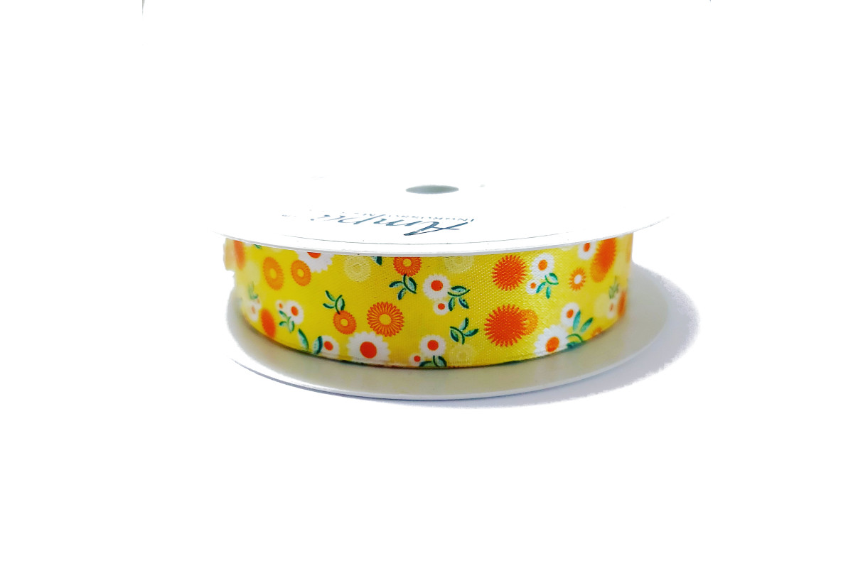 Cinta de Raso Amarillo con Flores 25 mm Cinta de Raso Amarillo con Flores 25 mm