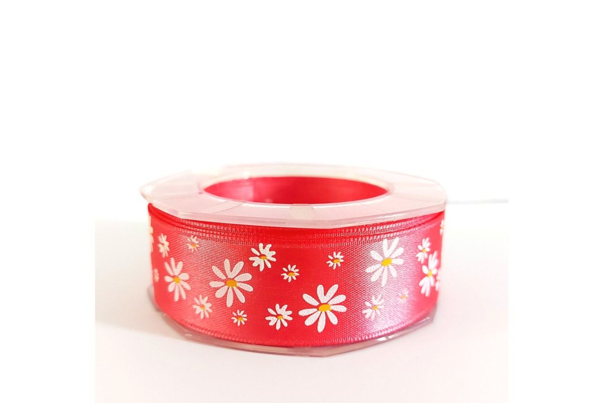 Fuxia Satin Ribbon with Flowers 25 mm