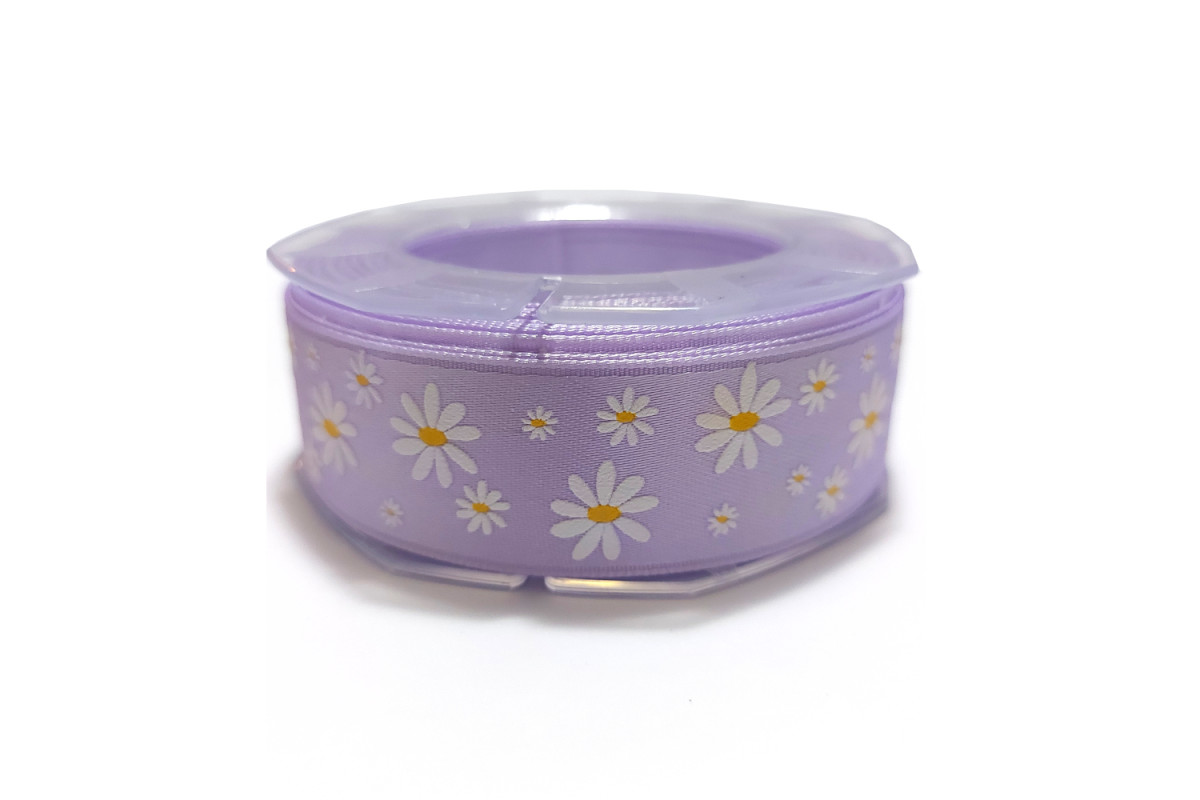 Lilac Satin Ribbon with Flowers 25 mm