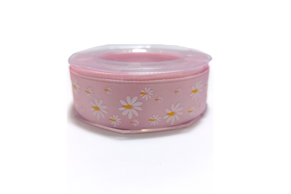 Cinta de Raso Rosa con Flores 25 mm