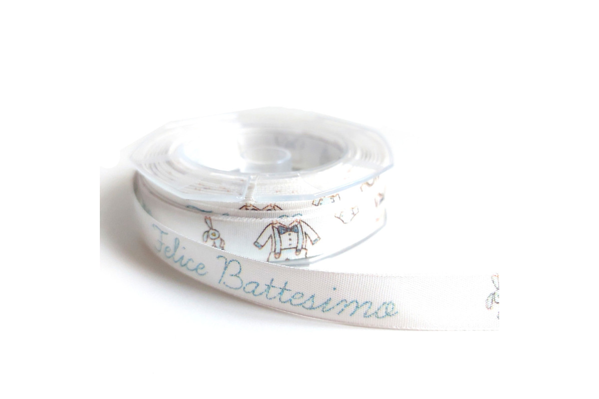 Nastro Battesimo con Vestiti Bebè - Colore Bianco e Celeste Nastro Battesimo con Vestiti Bebè - Colore Bianco e Celeste