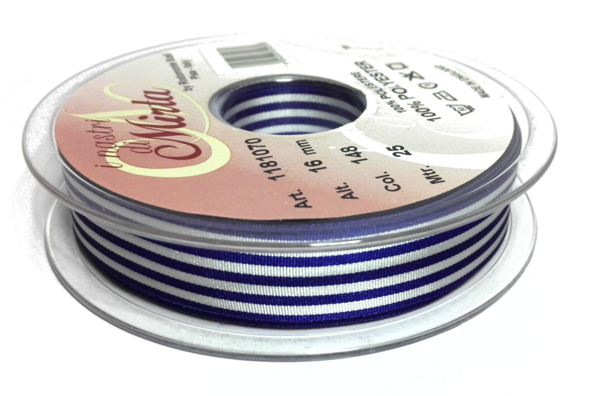 Horizontal Stripes Ribbon - Blue and White 16 mm