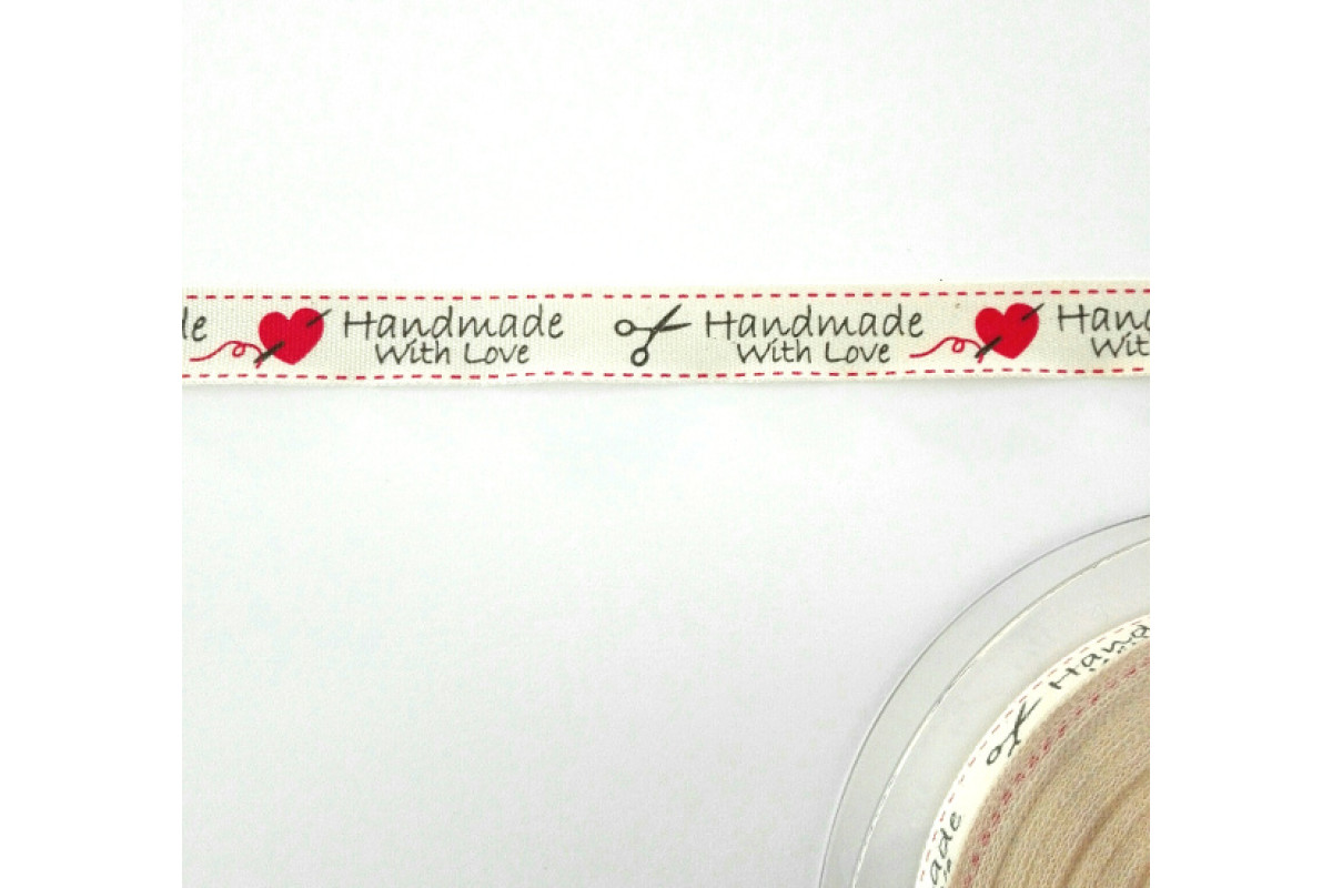 Hand Made with Love Ribbon - Cream with Red Heart