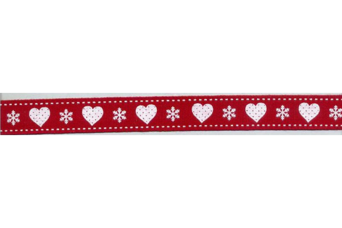 Cinta Navideña Roja con Corazones y Copos de Nieve Blancos Cinta Navideña Roja con Corazones y Copos de Nieve Blancos