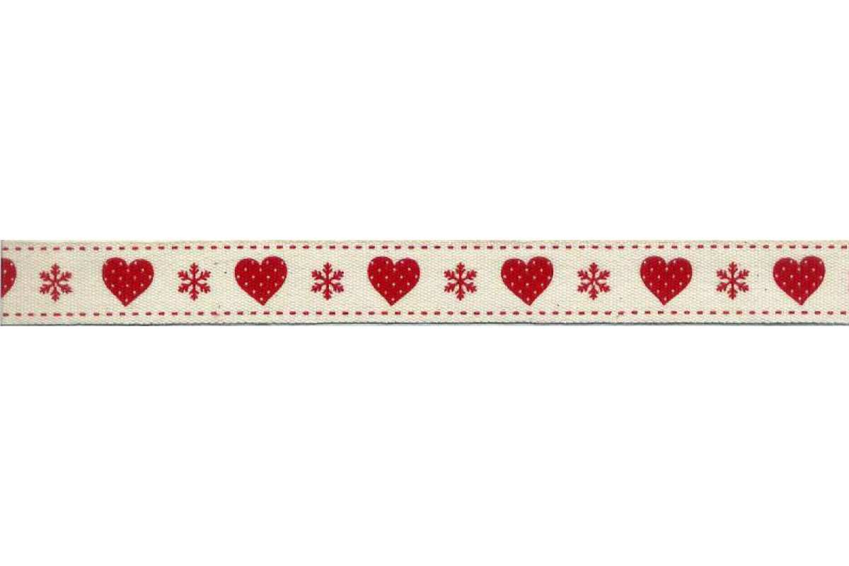 Nastro in Cotone Panna con Cuori e Fiocchi di Neve Rossi Nastro in Cotone Panna con Cuori e Fiocchi di Neve Rossi