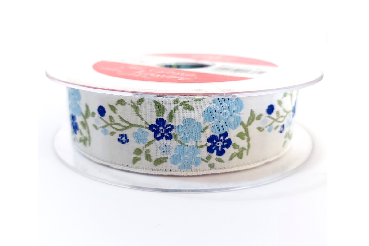Nastro Jacquard - Tralci di Fiori Blu - Altezza 30 mm Nastro Jacquard - Tralci di Fiori Blu - Altezza 30 mm