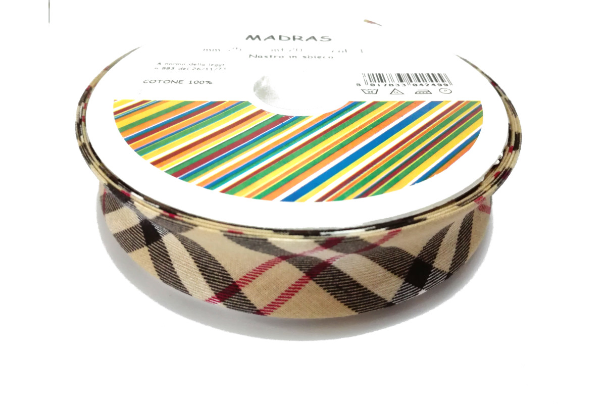 Cotton Bias Tape - Width 14 mm - Scottish Squares Cream Red and Black Cotton Bias Tape - Width 14 mm - Scottish Squares Cream Red and Black