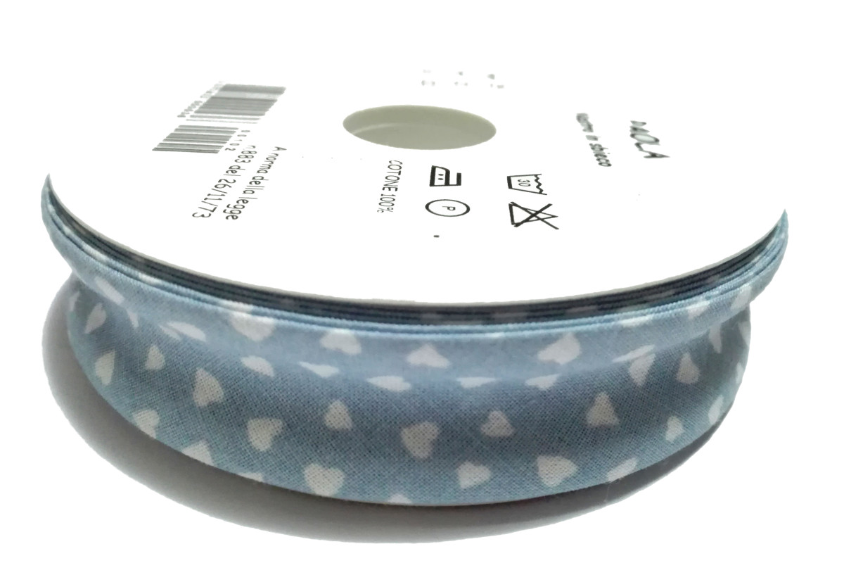Nastro Sbieco in Cotone - Altezza 25mm - Celeste con Cuori Bianchi
