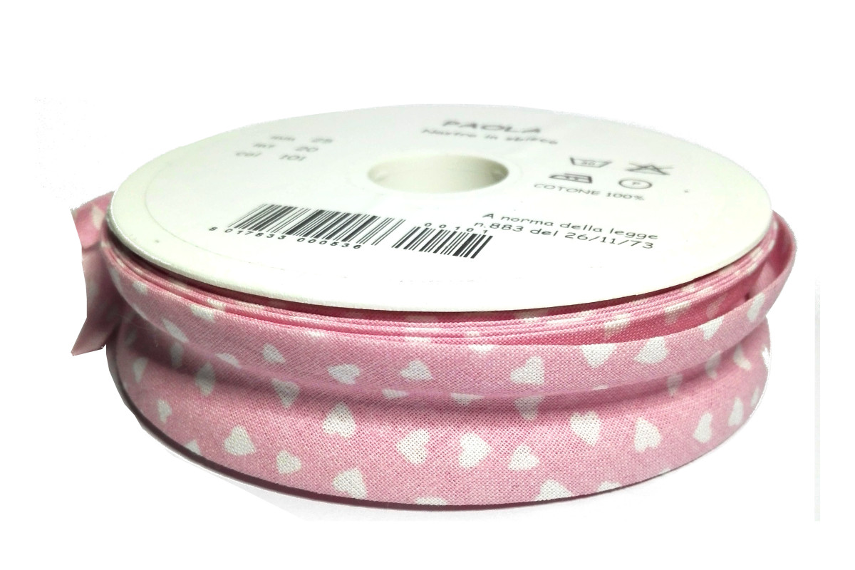 Nastro Sbieco in Cotone - Altezza 25mm - Rosa con Cuori Bianchi Nastro Sbieco in Cotone - Altezza 25mm - Rosa con Cuori Bianchi