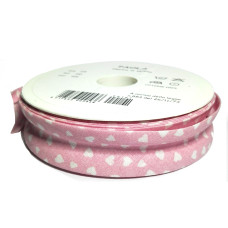 Nastro Sbieco in Cotone - Altezza 25mm - Rosa con Cuori Bianchi Nastro Sbieco in Cotone - Altezza 25mm - Rosa con Cuori Bianchi