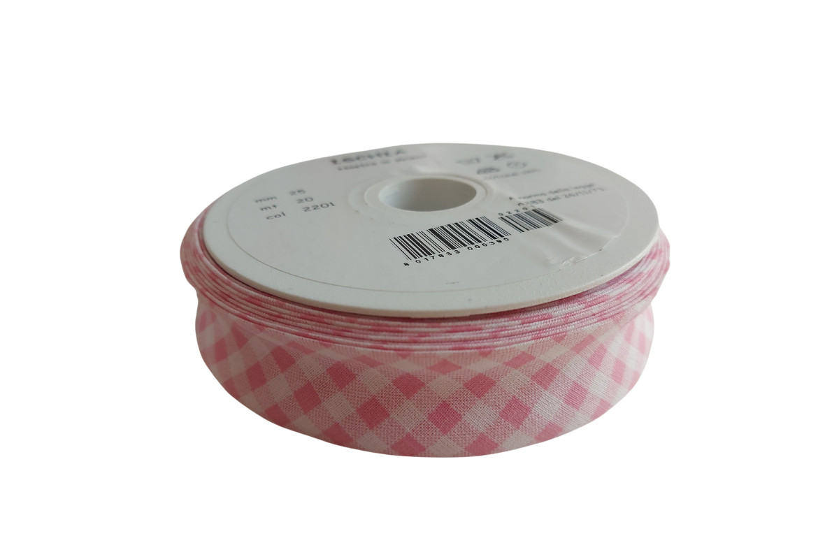 Nastro Sbieco in Cotone - Altezza 25mm - Quadri Rosa e Bianco