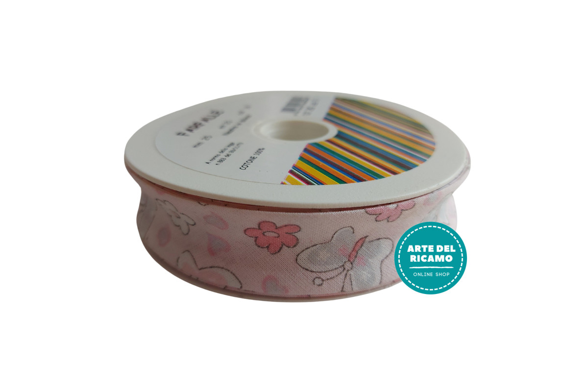 Cotton Bias - Width 25mm - Pink with Butterflies Cotton Bias - Width 25mm - Pink with Butterflies