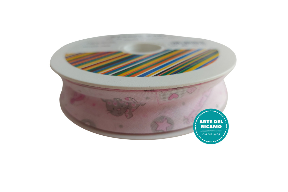 Cotton Bias - Width 25mm - Pink with Baby Cats and Giraffes Cotton Bias - Width 25mm - Pink with Baby Cats and Giraffes