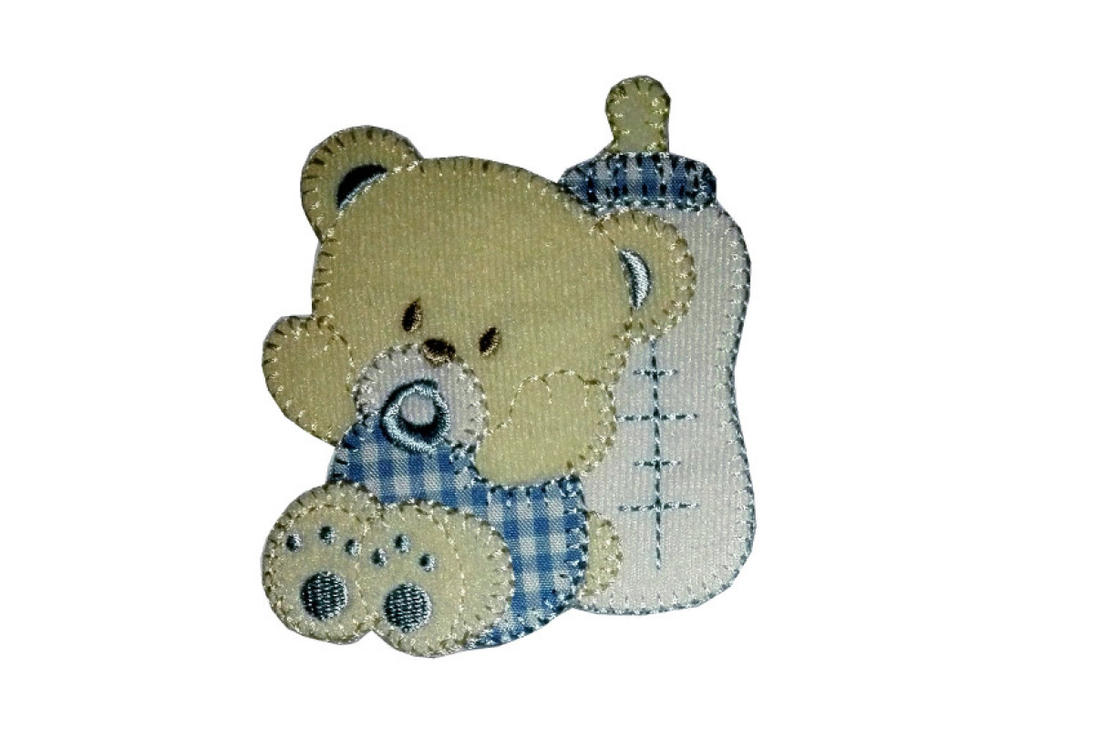 Iron-on Patch - Teddy Bear with Pacifier and Feeding Bottle - Light Blue