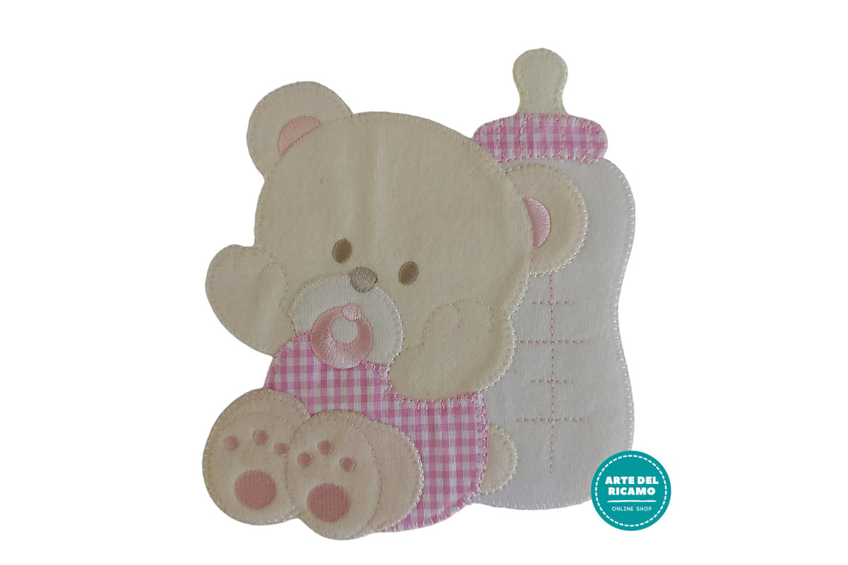 Iron-on Patch - Large Teddy Bear with Pacifier and Feeding Bottle - Pink