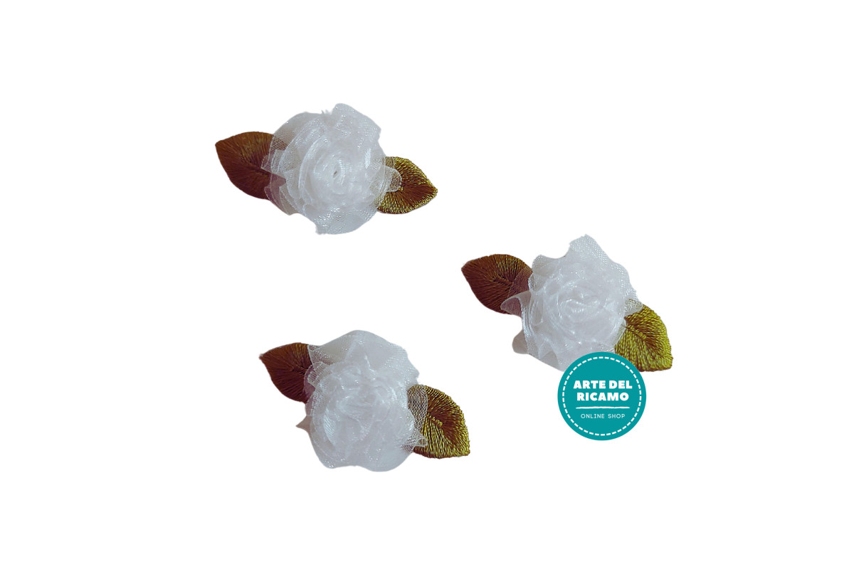 Organza Rose with Embroidered Leaves - White Color Organza Rose with Embroidered Leaves - White Color