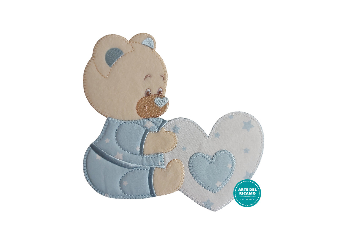 Iron-on Patch - Teddy Bear with Stars on a Light Blue Heart