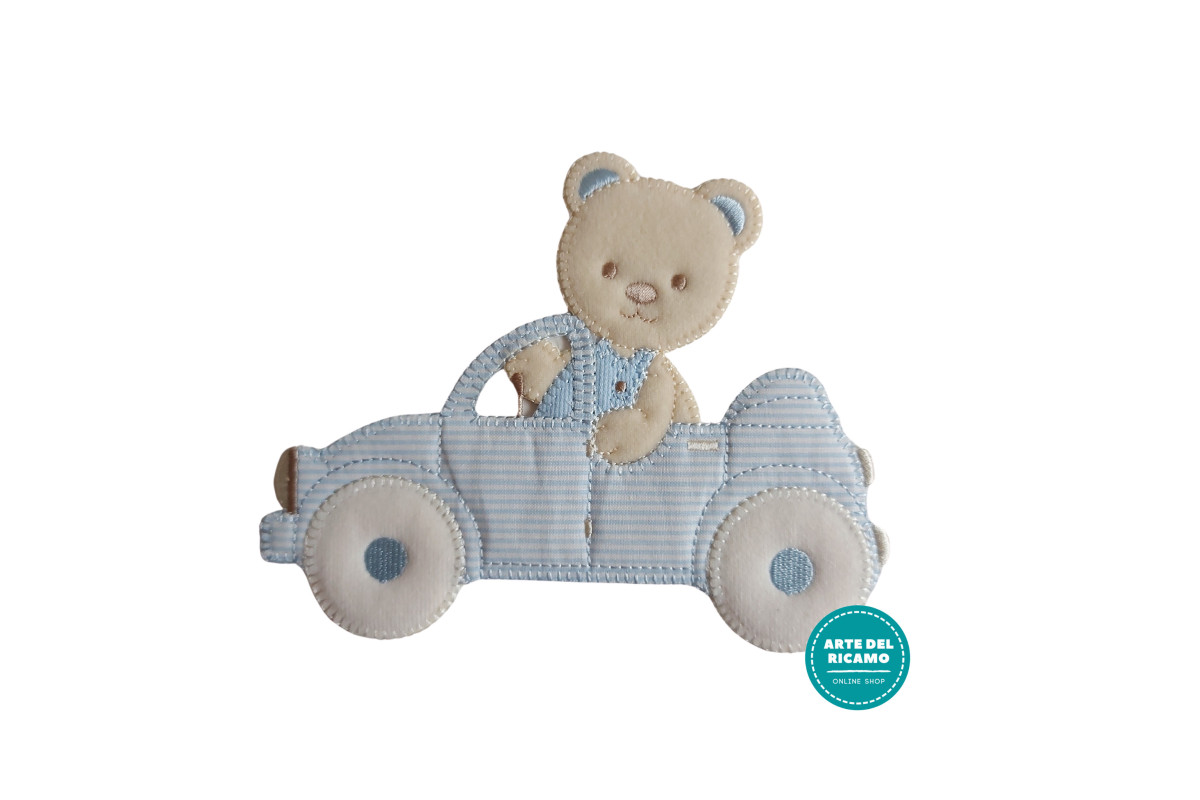 Iron-on Patch - Light Blue Car with Teddy Bear