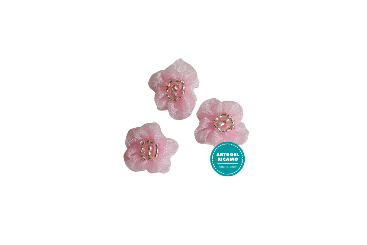Flor de Organza  Rosa con Piedras Plata