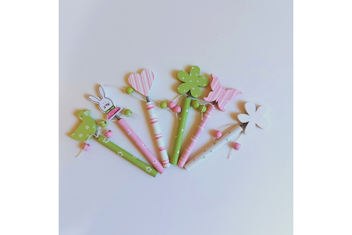 Wooden Pencils with Decorations Pink and Green