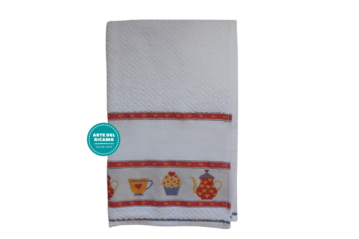 Paño de Cocina de Rizo con Borde de Aida para Bordar - Tazas y Pastelitos Paño de Cocina de Rizo con Borde de Aida para Bordar - Tazas y Pastelitos