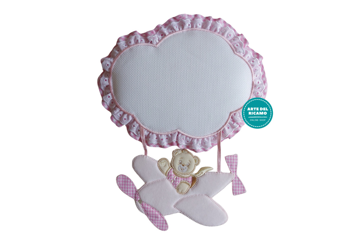 Coccarda Nascita - Aeroplano con Orsetto - Rosa Coccarda Nascita - Aeroplano con Orsetto - Rosa