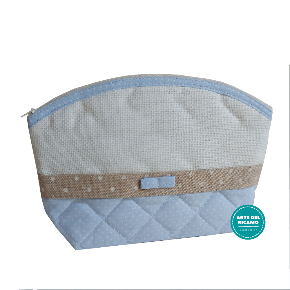Baby Necessaire Bag to Cross Stitch - Light Blue and Ivory with White Dots