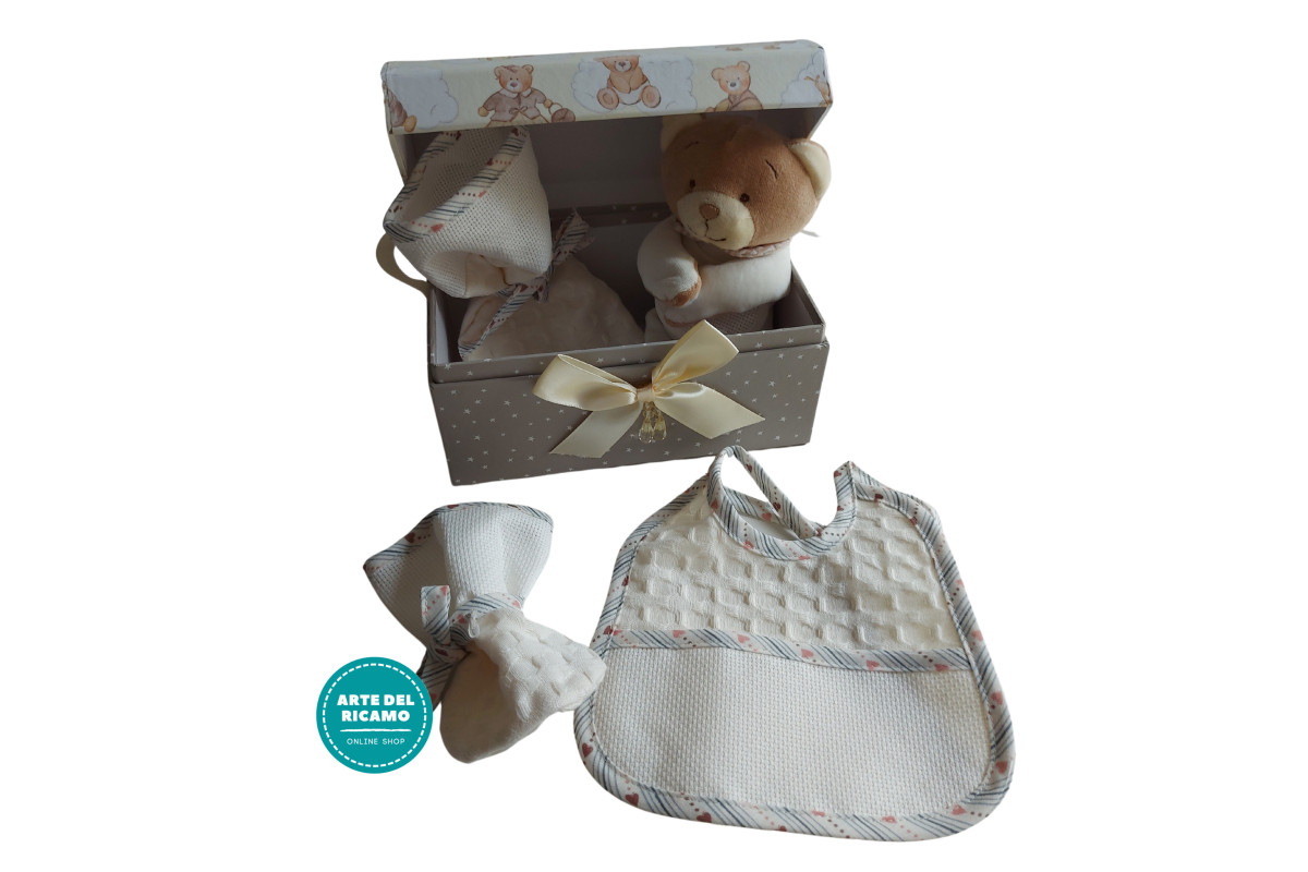 Baby Box with Teddy Bear Baby Bib Pacifier and Bottle Holder - Cream Baby Box with Teddy Bear Baby Bib Pacifier and Bottle Holder - Cream