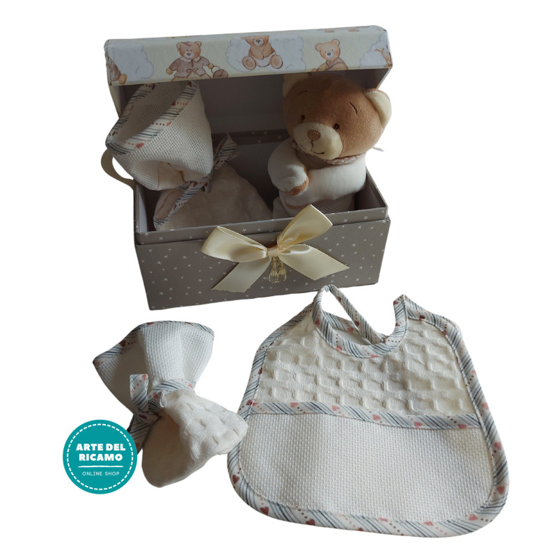 Baby Box with Teddy Bear Baby Bib Pacifier and Bottle Holder - Cream