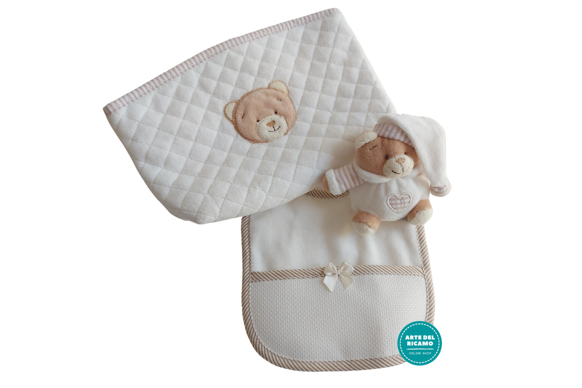 Idea Regalo per Bebè - Orsetto Pochette e Bavaglino Panna Idea Regalo per Bebè - Orsetto Pochette e Bavaglino Panna