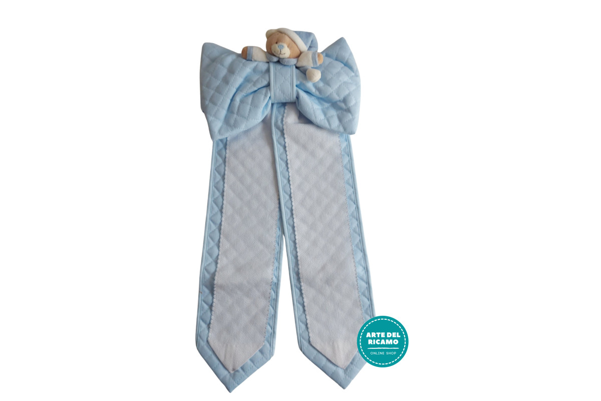 Quilted Light Blue Baby Boy Birth Announcement Bow with Teddy Bear