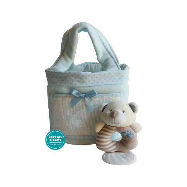 Light Blue Object Older Sack with Fleece Blanket and Teddy Bear Ring