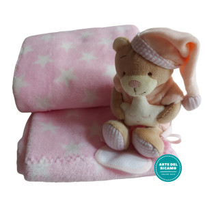 Pink Pile Baby Blanket with Teddy Bear with a Star