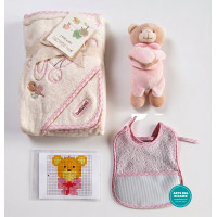Set Regalo Nascita "Naturals" - Accappatoio, Orsetto e Ricamo Fai-da-Te - Rosa