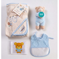 Set Regalo Nascita "Naturals" - Accappatoio, Orsetto e Ricamo Fai-da-Te - Celeste