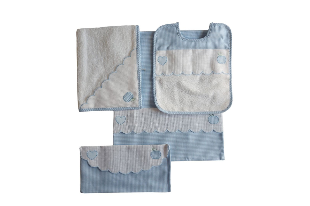 Light Blue Kindergarten Linen Set for Lunch - Heart and Apple 