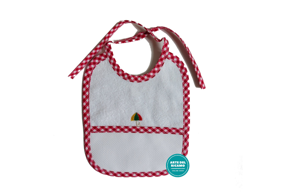 Terry Baby Bib with Red Squares Border Terry Baby Bib with Red Squares Border